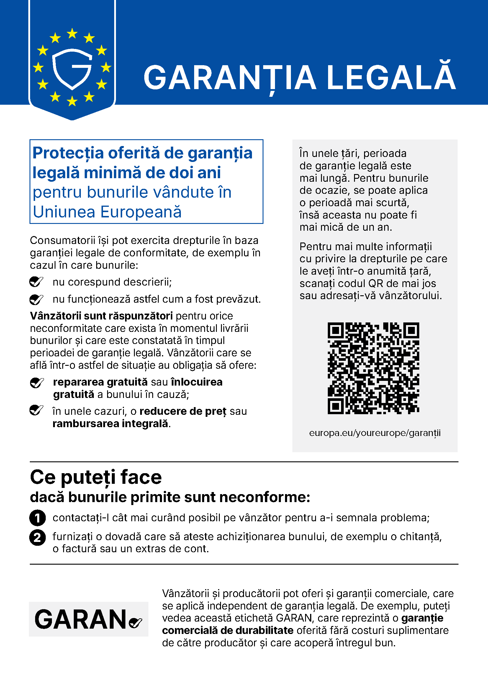 Garanția legală UE: bunurile vândute în Uniunea Europeană beneficiază de o garanție legală minimă de 2 ani